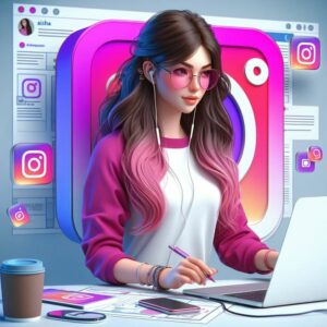 Mulher trabalhando com marketing no Instagram em um ambiente digital criativo