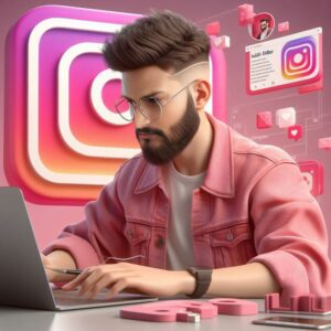 Homem trabalhando com redes sociais para negócios em um ambiente criativo com tema do Instagram