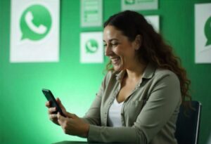 Mulher usando o WhatsApp para vendas e atendimento em um ambiente profissional
